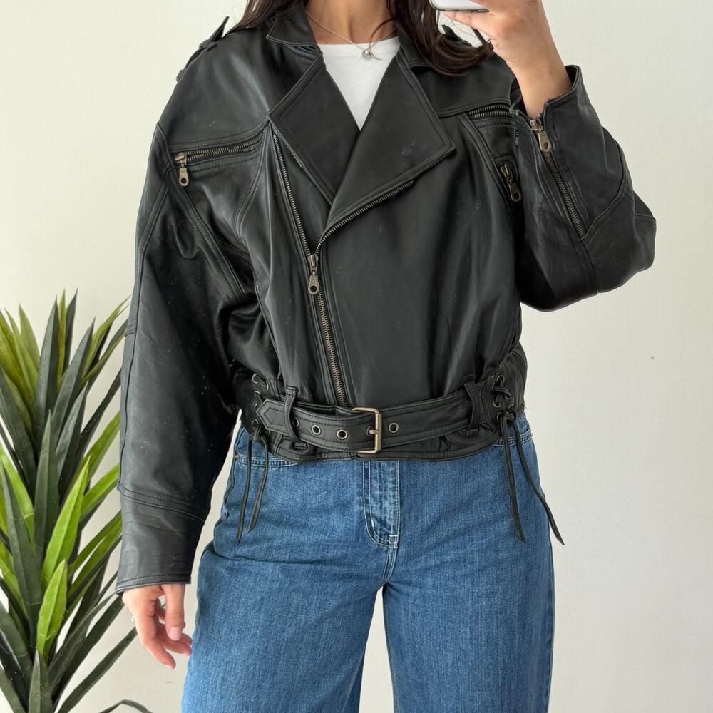 Vintage Limited Leather Moto Jacket Womens Medium Black Motorcycle Belted Ties